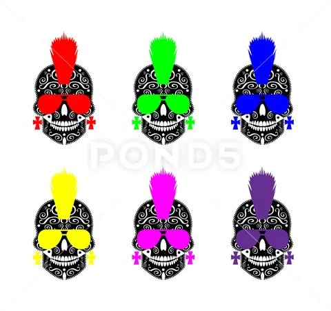 Punk skull icon set with sunglasses and Mohawk vector Stock Illustration