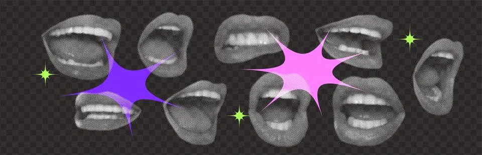 Punk y2k collage elements set. Female lips in dotted halftone treatment. Retro Stock Illustration