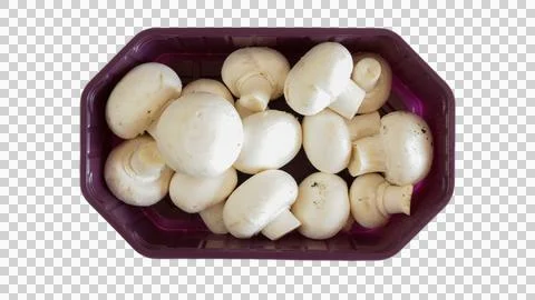 Punnet of button mushrooms, top view, isolated on a white background Foto stock