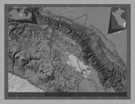 Puno, Peru. Bilevel elevation map with lakes and rivers 库存插图