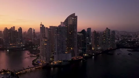 Punta Pacifica Hotels Skyscrapers Skyline at Sunset in Panama City Drone Footage Video stock 334160743