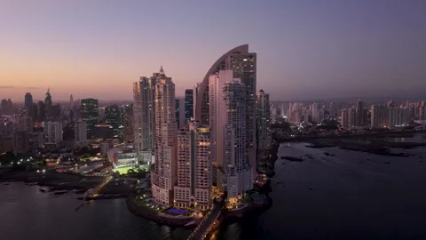Punta Pacifica Luxury Towers at Twilight in Panama City Aerial Drone Footage Video stock 334160816