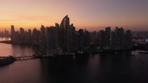 Punta Pacifica Panama City Downtown Skyline at Sunset Panning Aerial Drone Shot Stock Footage 334100848