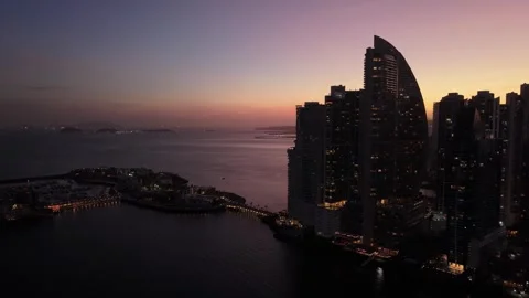 Punta Pacifica Panama City Downtown Sunset Skyline Slow Left Panning Drone Shot Video stock 334160899