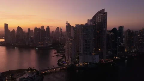 Punta Pacifica Panama City Skyscrapers Skyline at Twilight Cinematic Drone Shot Video stock 334101002