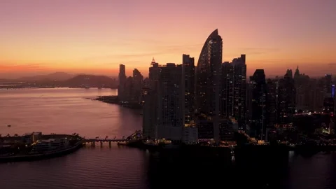 Punta Pacifica Panama City Sunset Skyline with Trump Tower Hotel Drone Footage Video stock 334160807