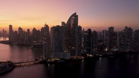 Punta Pacifica Skyline at Blue Hour Sunset in Panama City Cinematic Drone Shot Video stock 334160742