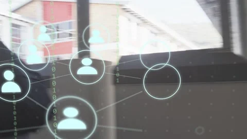 Pupil hurrying to camera in school corridor, nearing, causing icons, binary Stock Footage 334321996