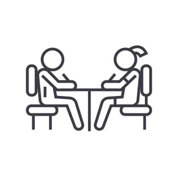 Pupil in school at desk linear icon, sign, symbol, vector on isolated background Stock Illustration