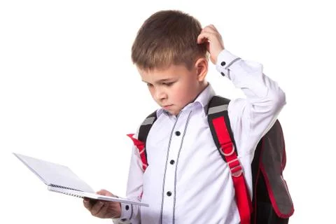 A pupil solving the task, holding exercise book. Portrait of intelligent pupil Stock Photos