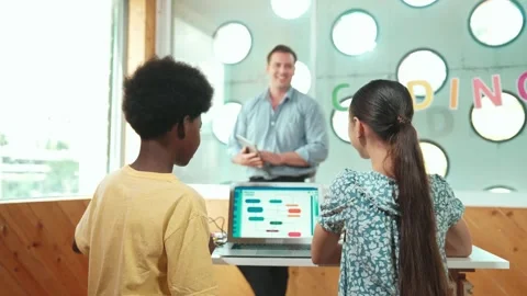 Pupil study programming system while turn around to look at camera. Edification Stock Footage 273554629