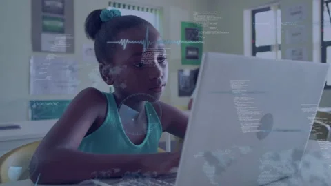 Pupil typing on laptop creating waveform code globe overlays across screen, face Stock Footage 333540141
