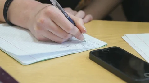 Pupil writes text in exercise book on lesson Stock Footage 72441414