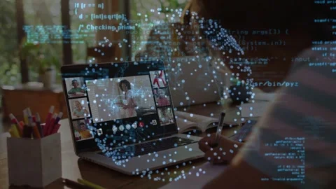 Pupil writing notes while watching laptop teacher causing code sphere covering Stock Footage 333413742
