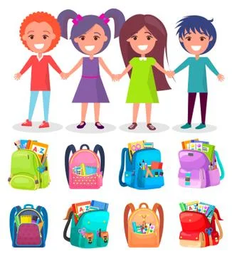 Pupils and Backpack Sticker, School Sign Vector Stock Illustration
