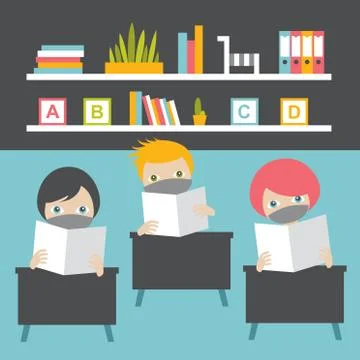 Pupils in the class protecting each other wearing a mask during corona virus Stock Illustration