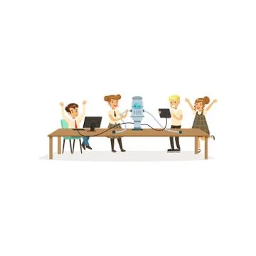 Pupils with computer and laptop, smart robot standing on table, children Illustrazione stock