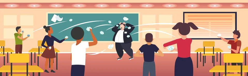 Pupils demonstrating bad behavior throwing papers mocking and teasing male te Stock Illustration
