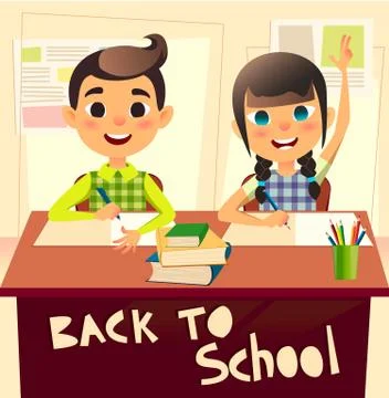 Pupils during classroom at the elementary school. Schoolgirl raising her hand Stock Illustration