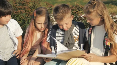 Pupils looking through encyclopaedia outdoors. Stock Footage 116065093