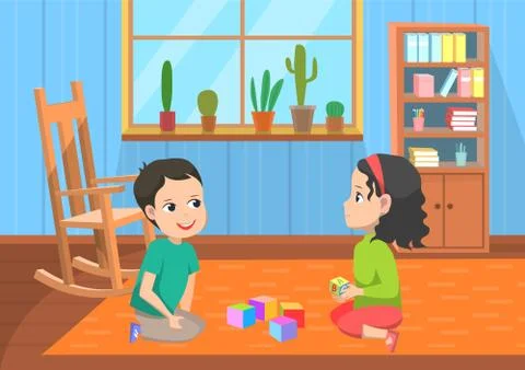 Pupils Playing Toys, Elementary School Vector Stock Illustration