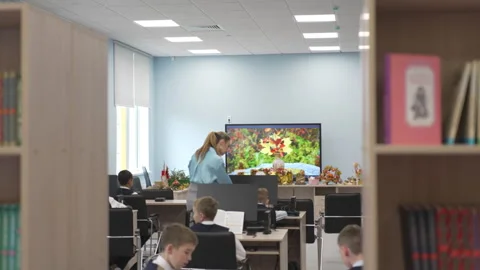 Pupils sit in computer lab as teacher shows video on big TV Stock Footage 308956966