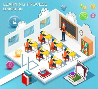 Pupils study in the classroom. Concept of learning. Isometric flat design Stock Illustration