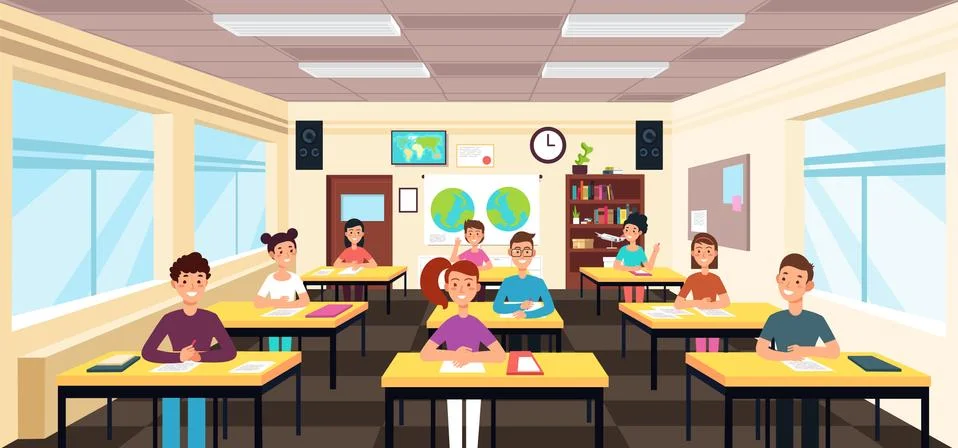 Pupils study in classroom interior. Pupils in school lesson vector concept 스톡 일러스트