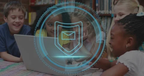 Pupils tapping laptop starting security HUD shield envelope scanning centering Stock Footage 328383938