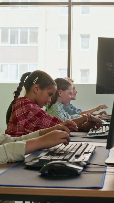 Pupils Typing while Carrying out Individual Tasks in front of Computers Stock Footage 316483266