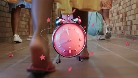 Pupils walking school hall, child foot showing pink clock growing, orbiting Stock Footage 339494777