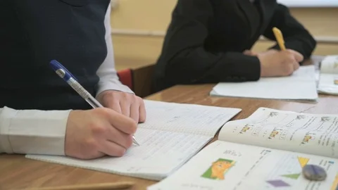 Pupils writes the text in a notebook on the lesson Stock Footage 71604801