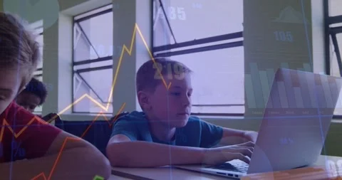 Pupils writing and typing on laptop for finance class, projected charts, camera Stock Footage 331125708
