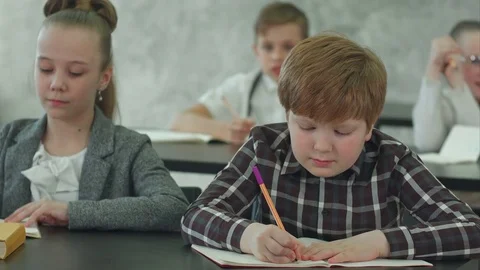 Pupils writing down information in exercise books dusring lesson 動画素材 77736811