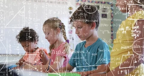 Pupils writing in school class while teacher moving, math overlay showing as boy Stock Footage 331634577