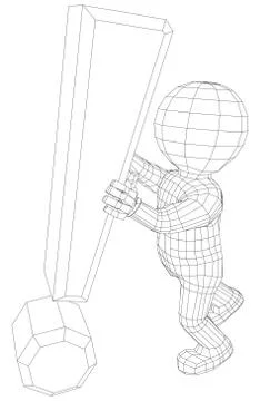 Puppet 3d man holding exclamation sign Stock Illustration