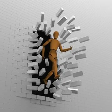 Puppet breaks bricks wall Stock Illustration