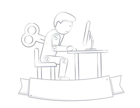 Puppet at the computer. The winding key on the back. 스톡 일러스트