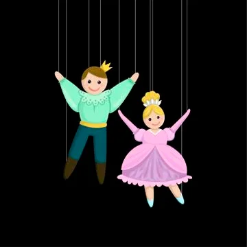 Puppet dolls on the threads in the theater. Vector illustration. Stock Illustration