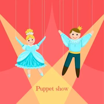 Puppet dolls on the threads in the theater. Vector illustration. Stock Illustration