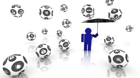 Puppet holding an umbrella to protect himself Illustrazione stock