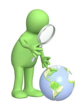 Puppet with a magnifier and Earth Stock Illustration