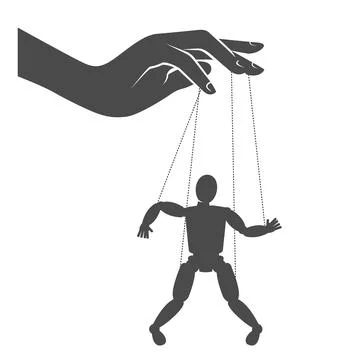 Puppet master hand manipulates a puppet hanging on strings, puppeteer, man be Stock Illustration
