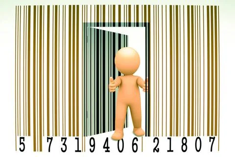 Puppet opens a bar code, Concept Puppet opens a bar code, Concept Copyrigh... Stock-Fotos