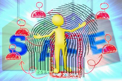 Puppet opens a bar code, Concept Puppet opens a bar code, Concept Copyrigh... Foto stock