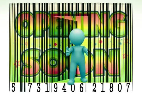 Puppet opens a bar code, Concept Puppet opens a bar code, Concept Copyrigh... Foto stock