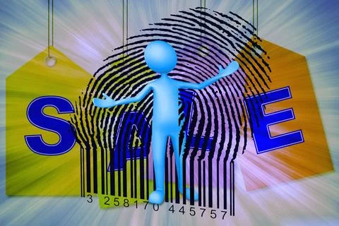 Puppet opens a bar code, Concept Puppet opens a bar code, Concept Copyrigh... Foto stock