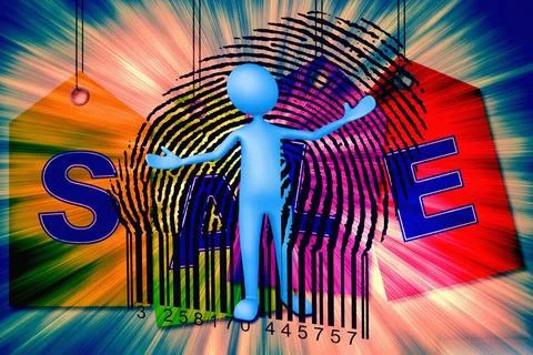 Puppet opens a bar code, Concept Puppet opens a bar code, Concept Copyrigh... Foto stock