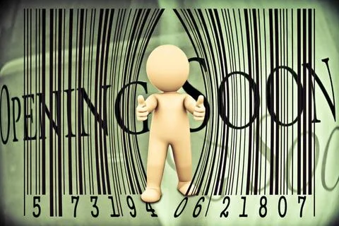 Puppet opens a bar code, Concept Puppet opens a bar code, Concept Copyrigh... Foto stock