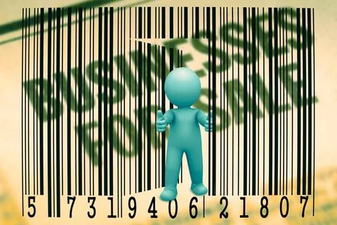 Puppet opens a bar code, Concept Puppet opens a bar code, Concept Copyrigh... Foto stock